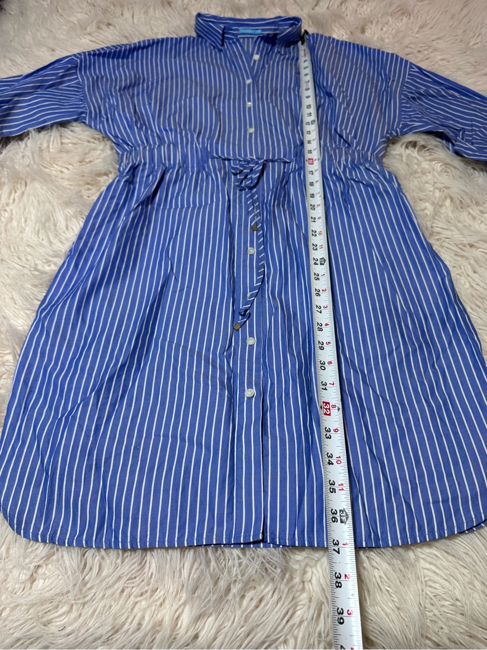J. Mclaughlin Shirt Dress Blue White Vertical Strips Size Medium Button Front - Picture 2 of 11